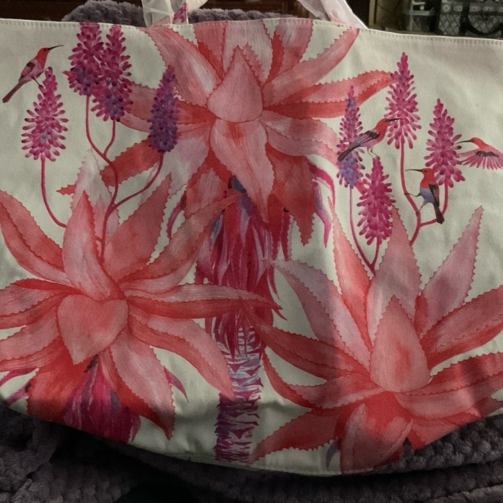 Floral Tote Bag. Pink Botanical Hummingbird Canvas Beach Bag, 19.5 X 14” - Picture 2 of 5